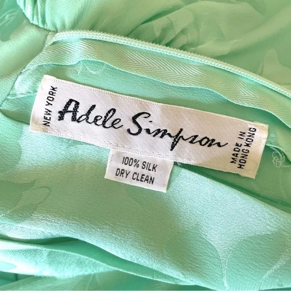 Vintage 80s Adele Simpson 100% Silk Seafoam Green Dress Long Sleeve Pleated 12 - Picture 12 of 16